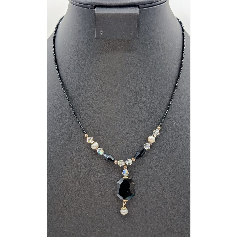 Black Glass Seed Beads & Pendant Bicone Clear & Black Crystal & Pearl Necklace